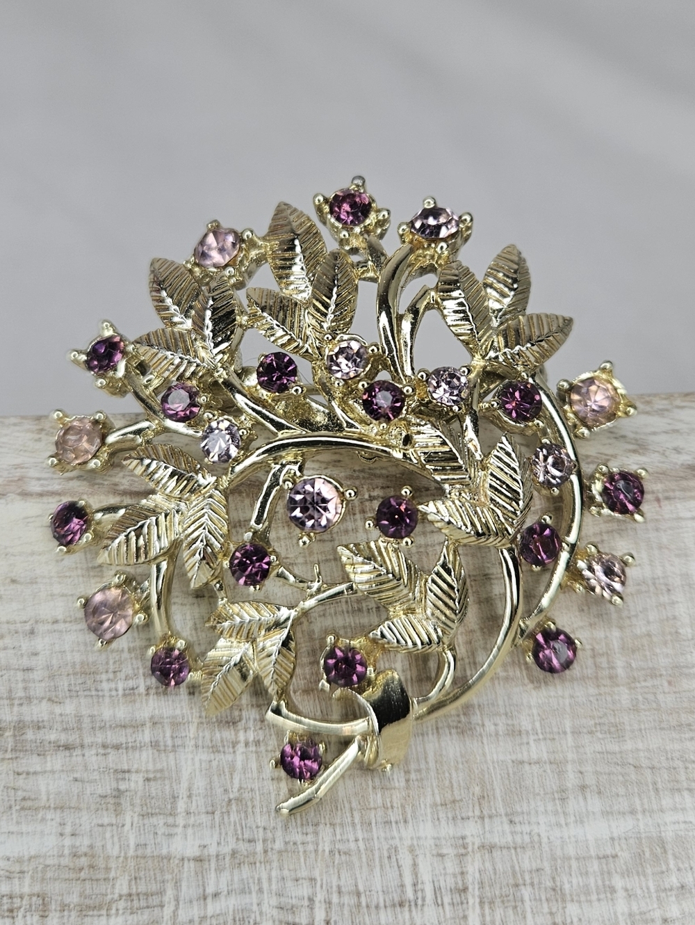 Coro Vintage Gold Tone With Plum, Lilac, And Pink Rhinestones Floral Brooch